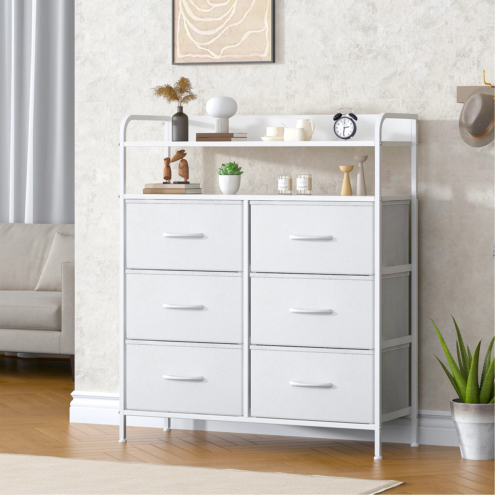 Kommode mit 6 Stoffschubladen, 83 × 30 × 97 cm, offene Regalböden, MDF, verstellbare Füße, kippsicher, modern und schlicht, geeignet für Wohn- und Schlafzimmer, weiß