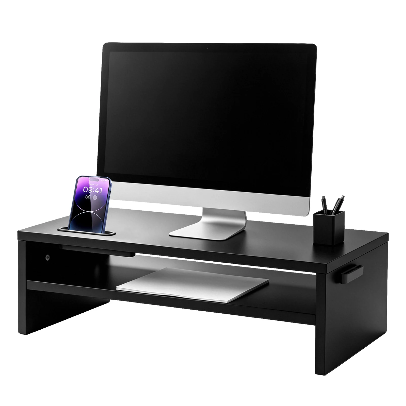 Support de moniteur à 2 niveaux en bois, support de bureau de 420 mm de large, 142 mm de hauteur, capacité de charge de 30 kg, fentes pour gestion des câbles, support pour téléphone, patins antidérapants, organisateur de bureau, noir