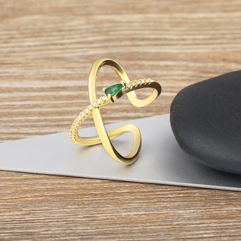 AIBEF หรูหรา X รูปร่างแหวนผู้หญิงสีเขียว Rhinestone เปิดปรับเพทายคริสตัลทองชุบเครื่องประดับของขวัญครบรอบ
