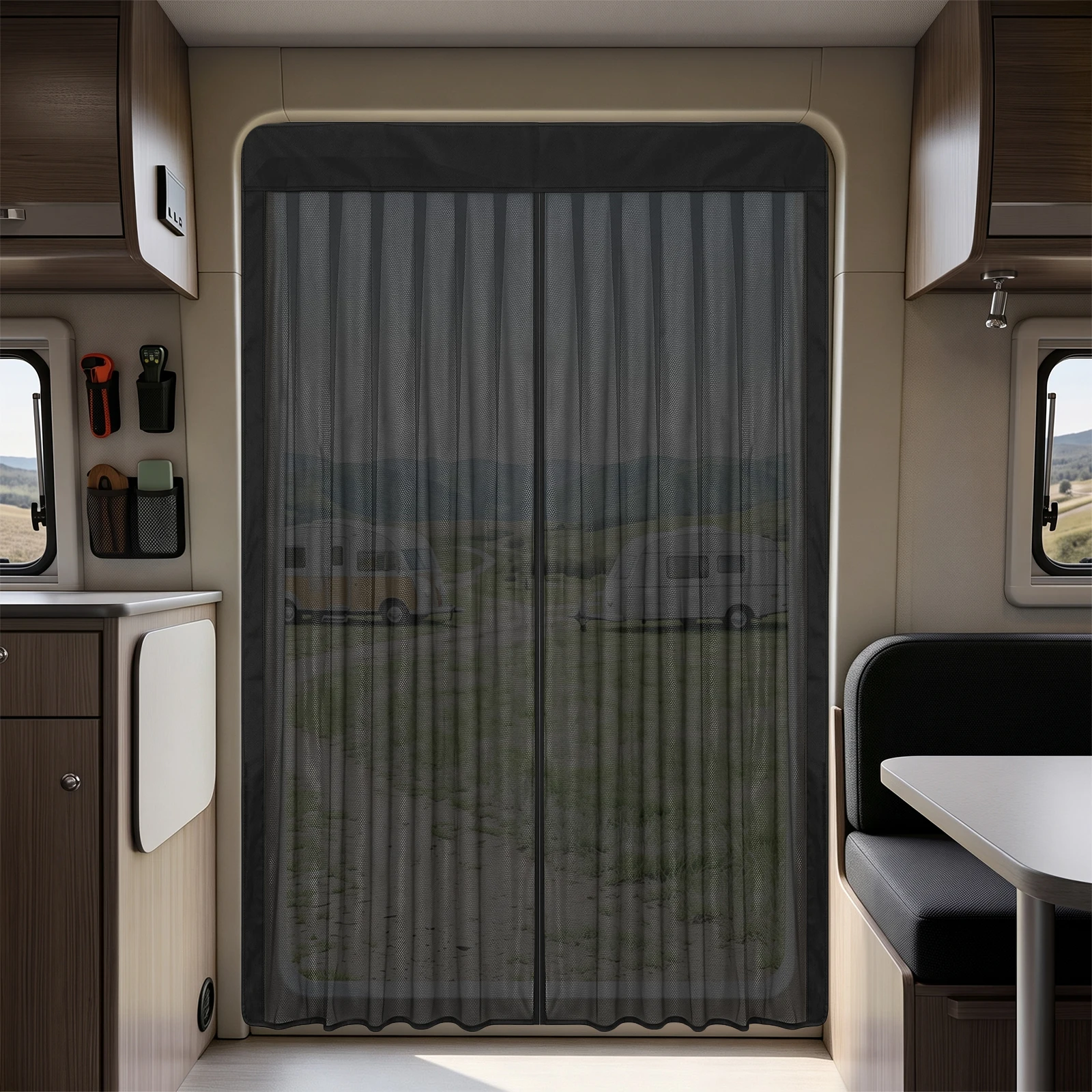 150*110cm/180*150cm RV Door Curtain, Magnetic Van Screen Mesh, Strong Magnetic Closure Anti Mosquito Bug Net Breathable With 12 Fasteners Storage Bag for Van RV Sliding Rear Door Camping