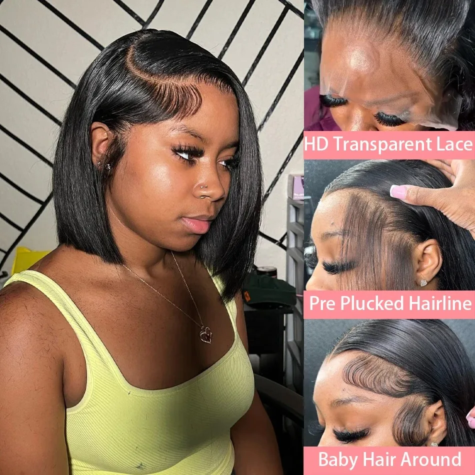 Perruque Lace Frontal Wig naturelle lisse HD, cheveux Bob, 6x6, sans colle, 13x4, pre-plucked, brut, densité 200, pour femmes