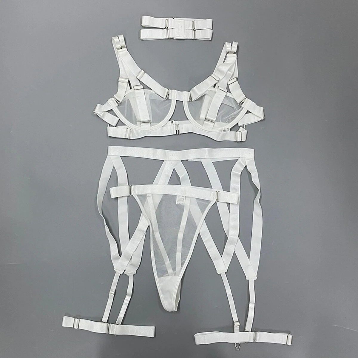 

Sexy Hollow Out Transparent Lace Underwear with Garters and Neckband 3-Piece Set Eco-Friendly Packing