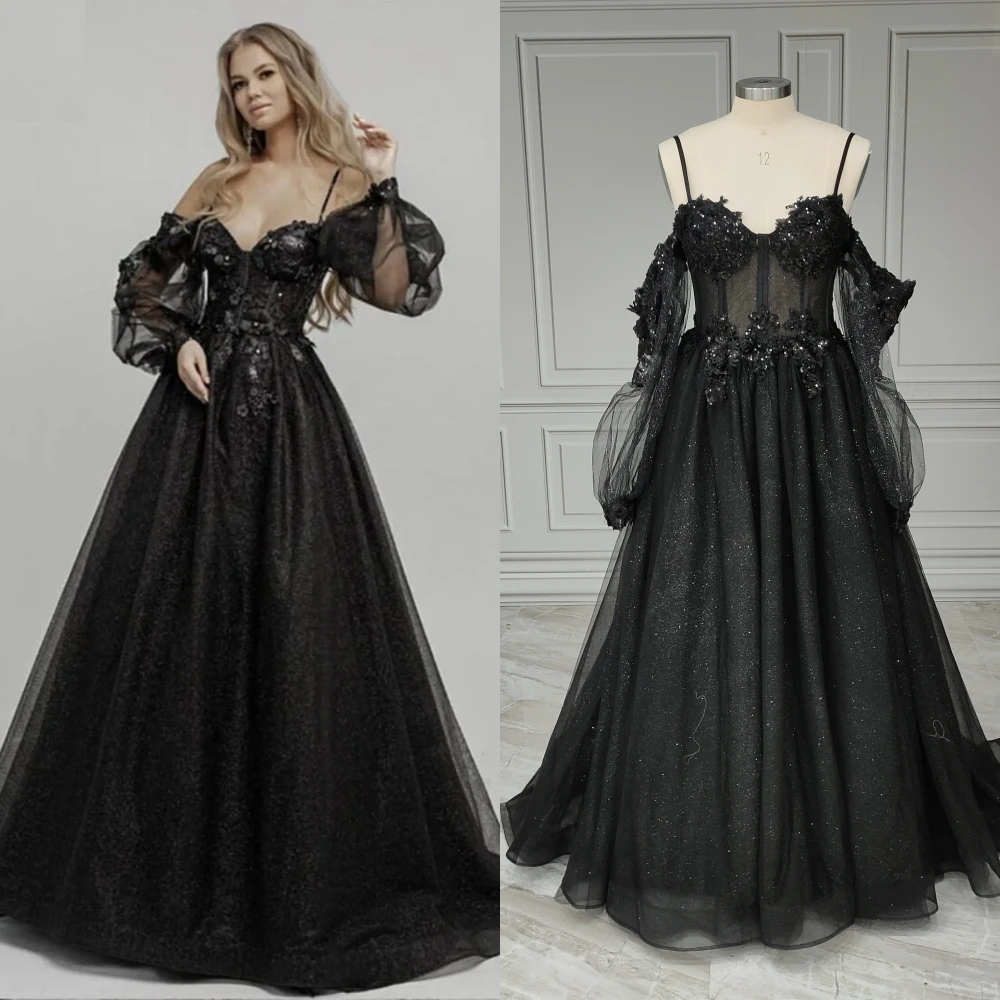 15403 #   ที่กําหนดเองสีดําTulle A-Line Spagehttiสายรัดชุดแต่งงานGothic 3Dดอกไม้Sequinedชุดเจ้าสาวชุดราตรี