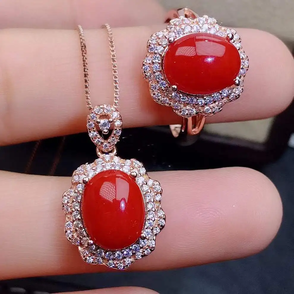 KJJEAXCMY Fine Jewelry 925 Sterling silver natural Red Coral Gemstone Korean women's Ring Pendant set send girlfriend birthday w view 4