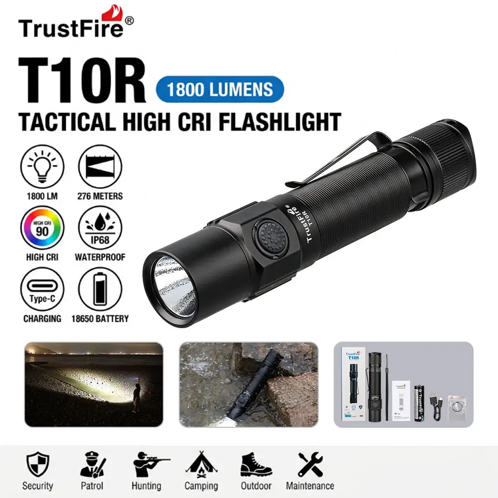 Trustfire 1800Lumen Army Tactical Flashlight Powerful Type C USB Rechargeable 18650 LED Rechargeable Military Tactical Lamp T10R