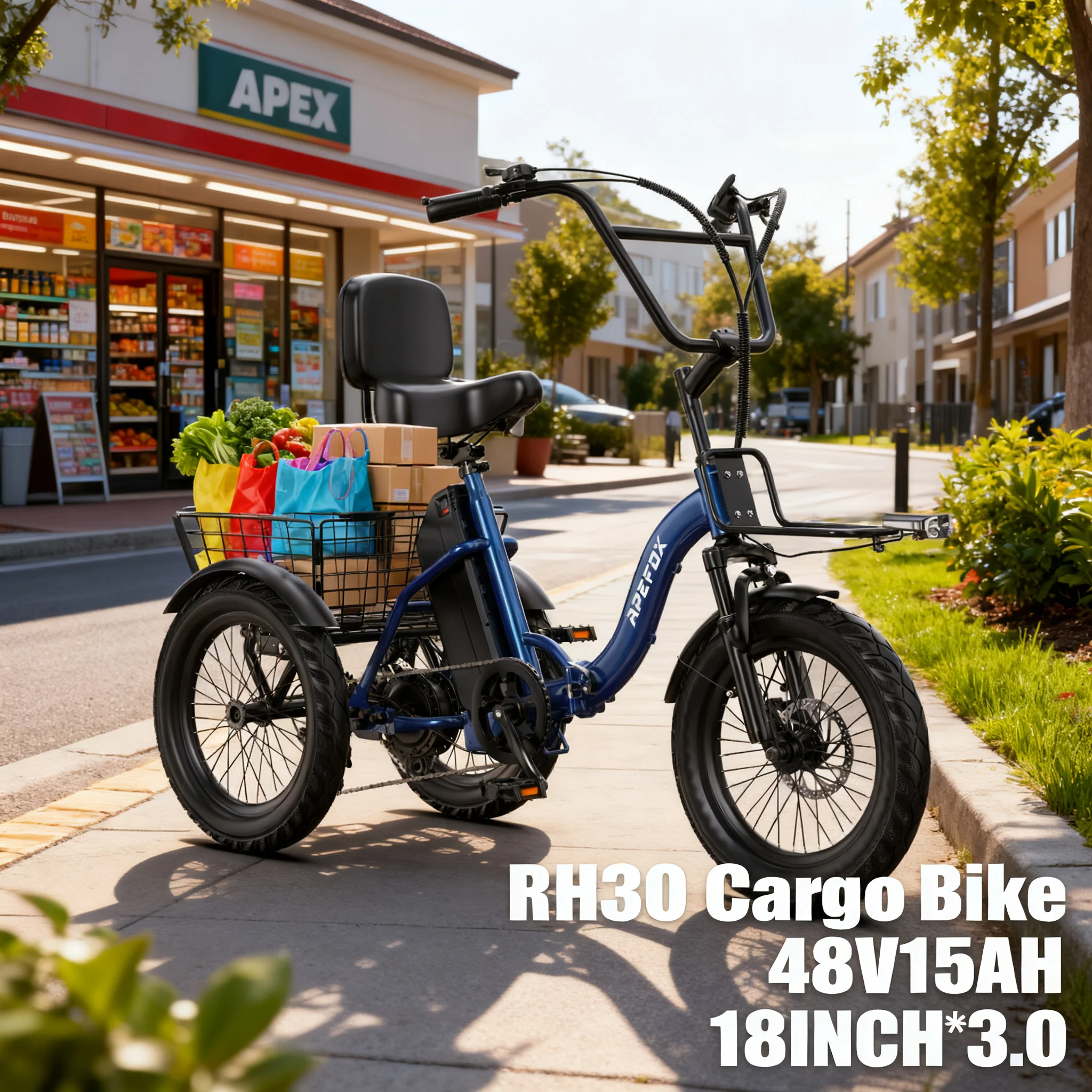 Triciclo Elettrico RH30 da 18 Pollici con Motore ad Alta Velocità 48V, Bici Cargo Elettrica Pieghevole con Cestino, Bici da Consegna E-Bike 48V15AH -