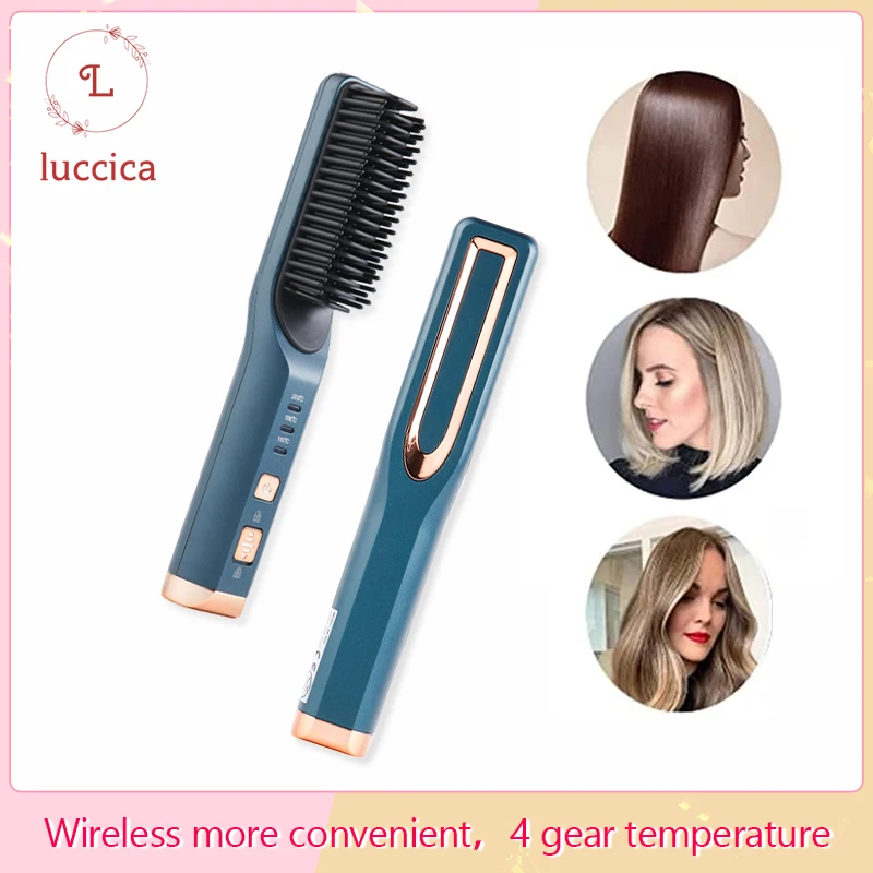 Luccica ความร้อนตรงแปรงผมจัดแต่งทรงผมได้อย่างรวดเร็วแบบพกพาไร้สายผมแบนเตารีด Straightening Comb USB แบตเตอร...