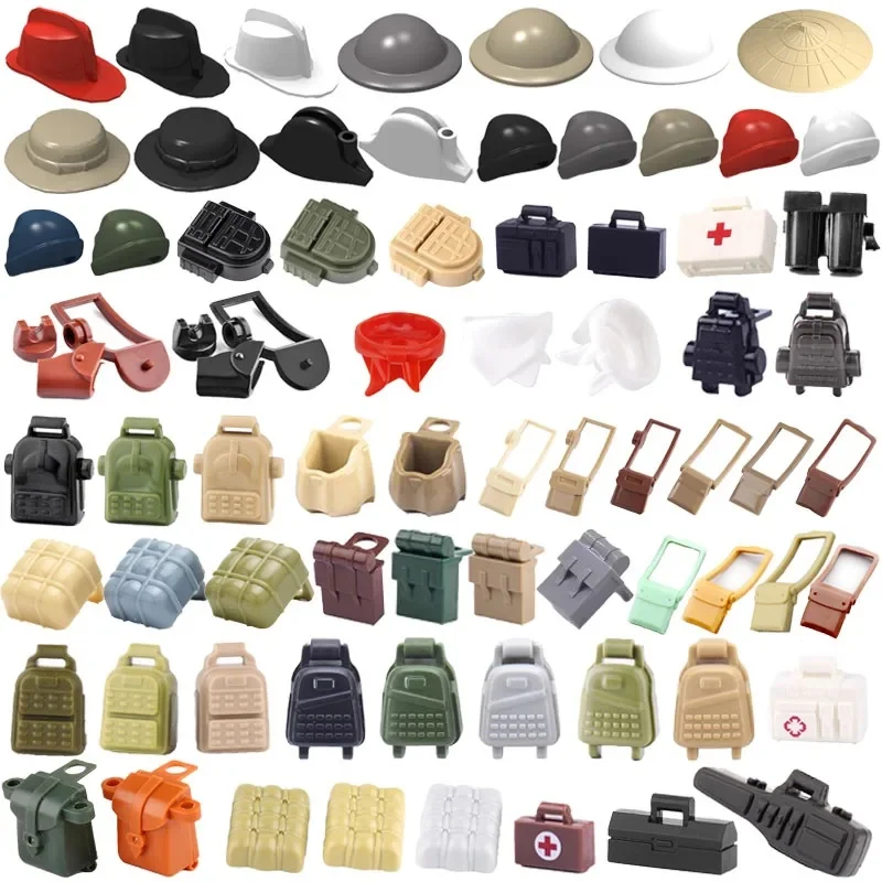 Bloc de construction d'accessoires militaires de la seconde guerre mondiale, figurines de soldats, sac à dos, sac à bandoulière, casque de sécurité de l'armée, chapeau de Pirate, Mini briques MOC,