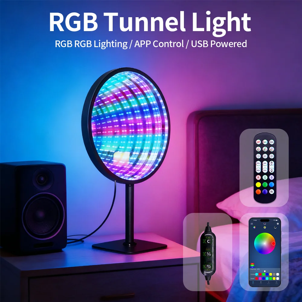 

Круглое акриловое зеркало-бесконечность 3D с эффектом глубокого тоннеля, креативная лампа-туннель времени с RGB-подсветкой для спальни, прикроватной зоны и гостиной