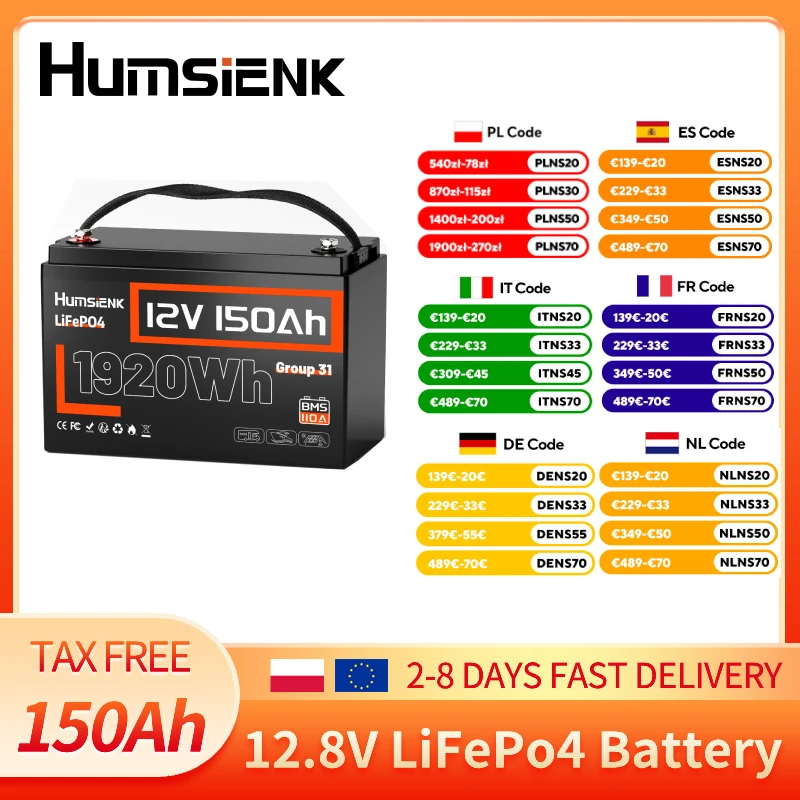 Humsienk 12V 150Ah LiFePO4 Lithium-Batterie mit integriertem 110A BMS, 1920Wh, 15000+ Zyklen für Solar, Wohnmobile, Marine, Camping, Off-Grid-Anwendungen