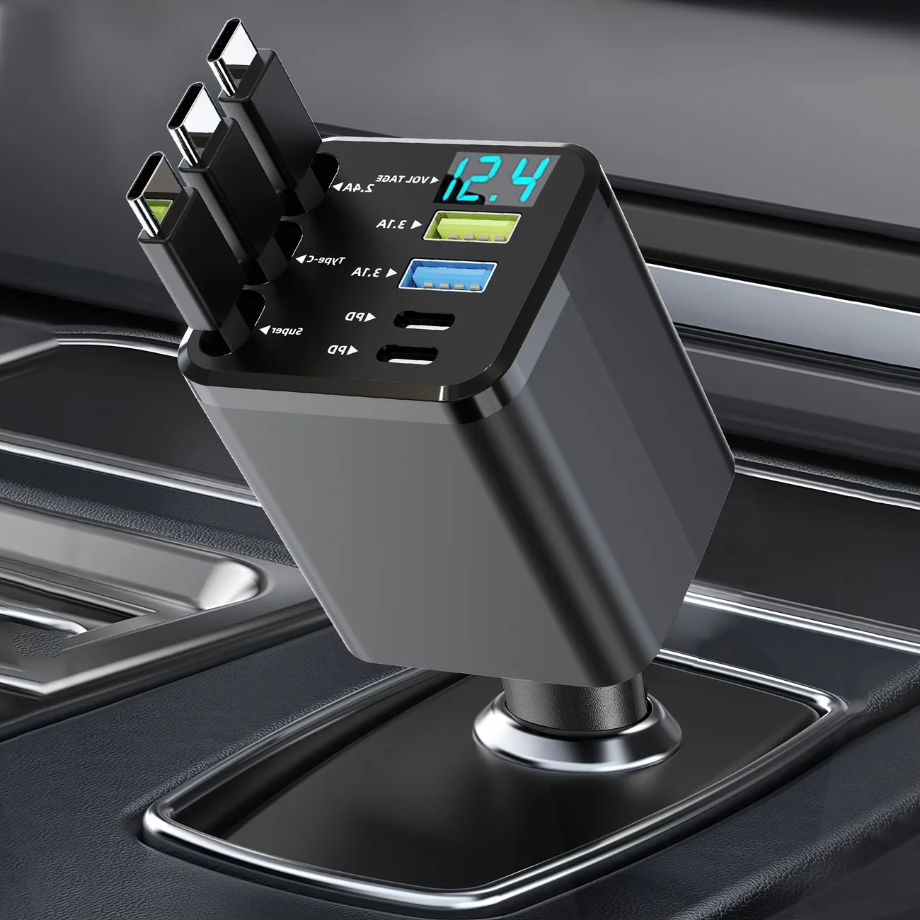 

Автомобильное зарядное устройство 120 Вт с быстрой зарядкой и выдвижным кабелем, 2 USB Type-C кабеля, универсальная вилка