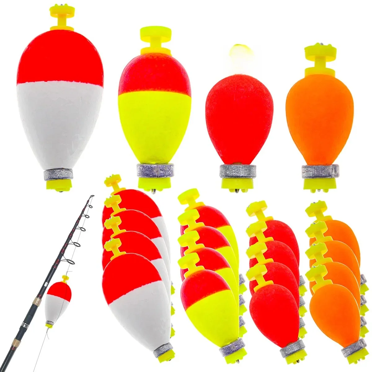 Bobbers de pêche flotteurs ensemble mousse Snap on flotteur lesté Bobbers pêche bouton poussoir Snap-on Bobbers printemps ovale assortiment