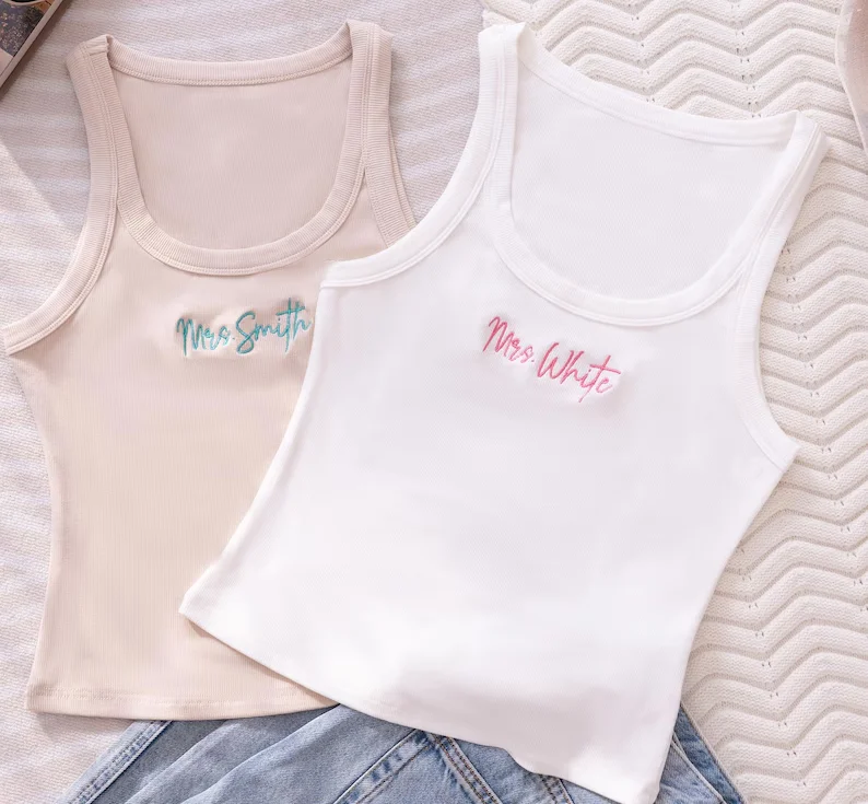 Camiseta sin mangas para mujer, regalos bordados para boda, pijamas para damas de honor, camiseta sin mangas para futura novia, camisetas sin mangas con tirantes finos, camiseta sin mangas personalizada para la novia