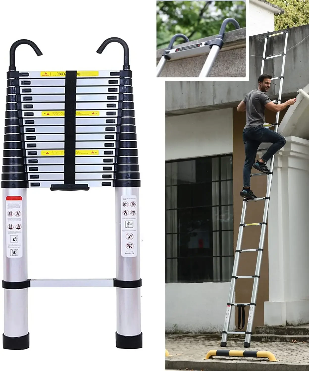 Telescopische ladder 6,2 m met afneembare haken en uitschuifbare treden, opvouwbare hoge zolderladder met antislipvoeten Opvouwbare ladder - afbeelding 2