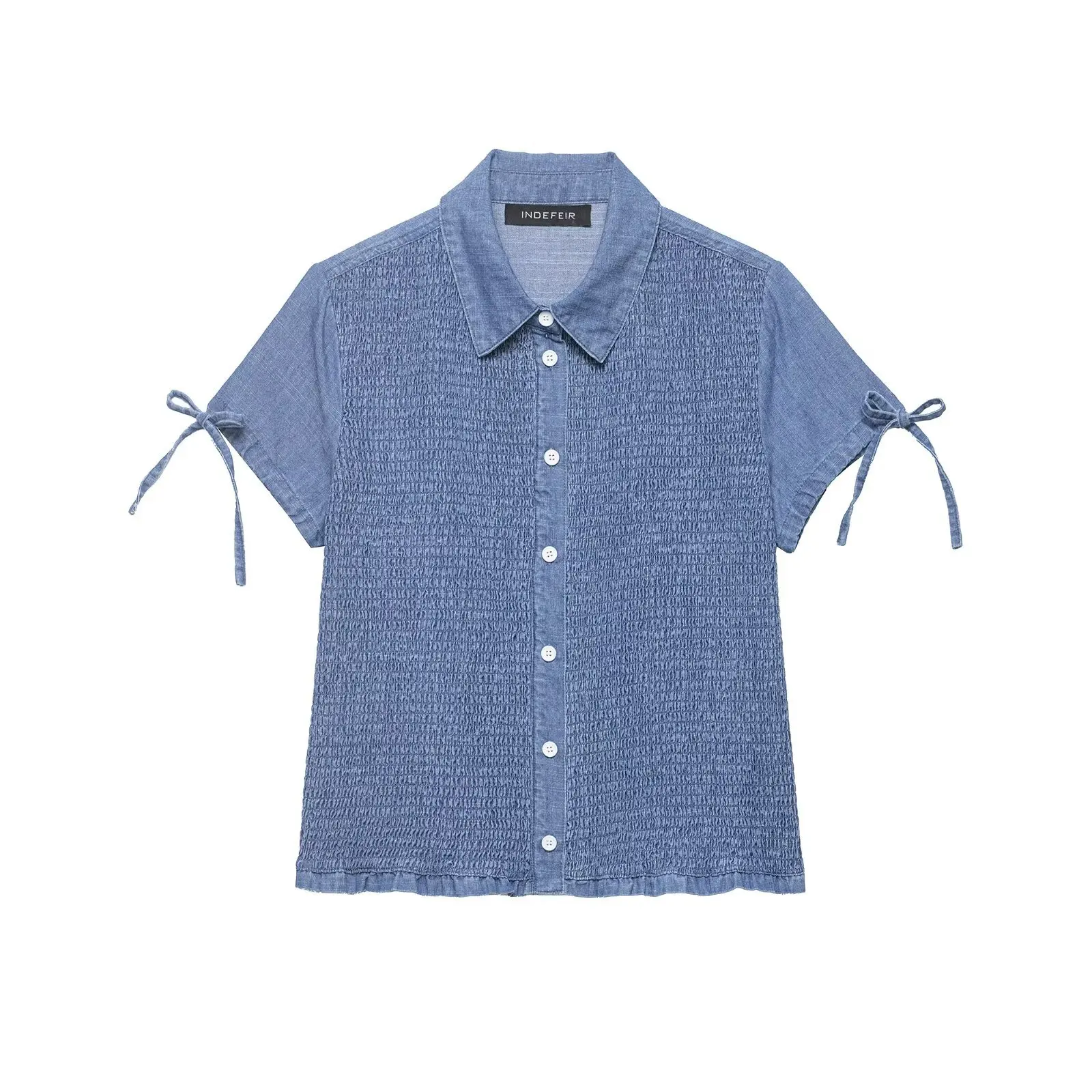 

Women Blue Smocked Denim Shirt Short Sleeve Button Up Top Lapel Slim Waistcoat Summer Casual Blouse Streetwear Fashion 2026