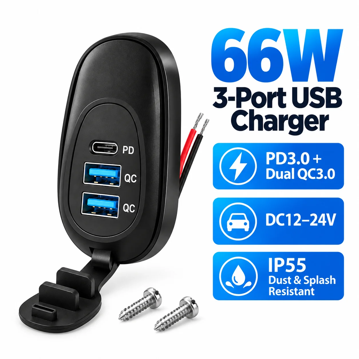 24V 3-Port Fast Charge Car USB Charger Socket, Modified Car Charger for RV, Bus, Refitted Vehicles
