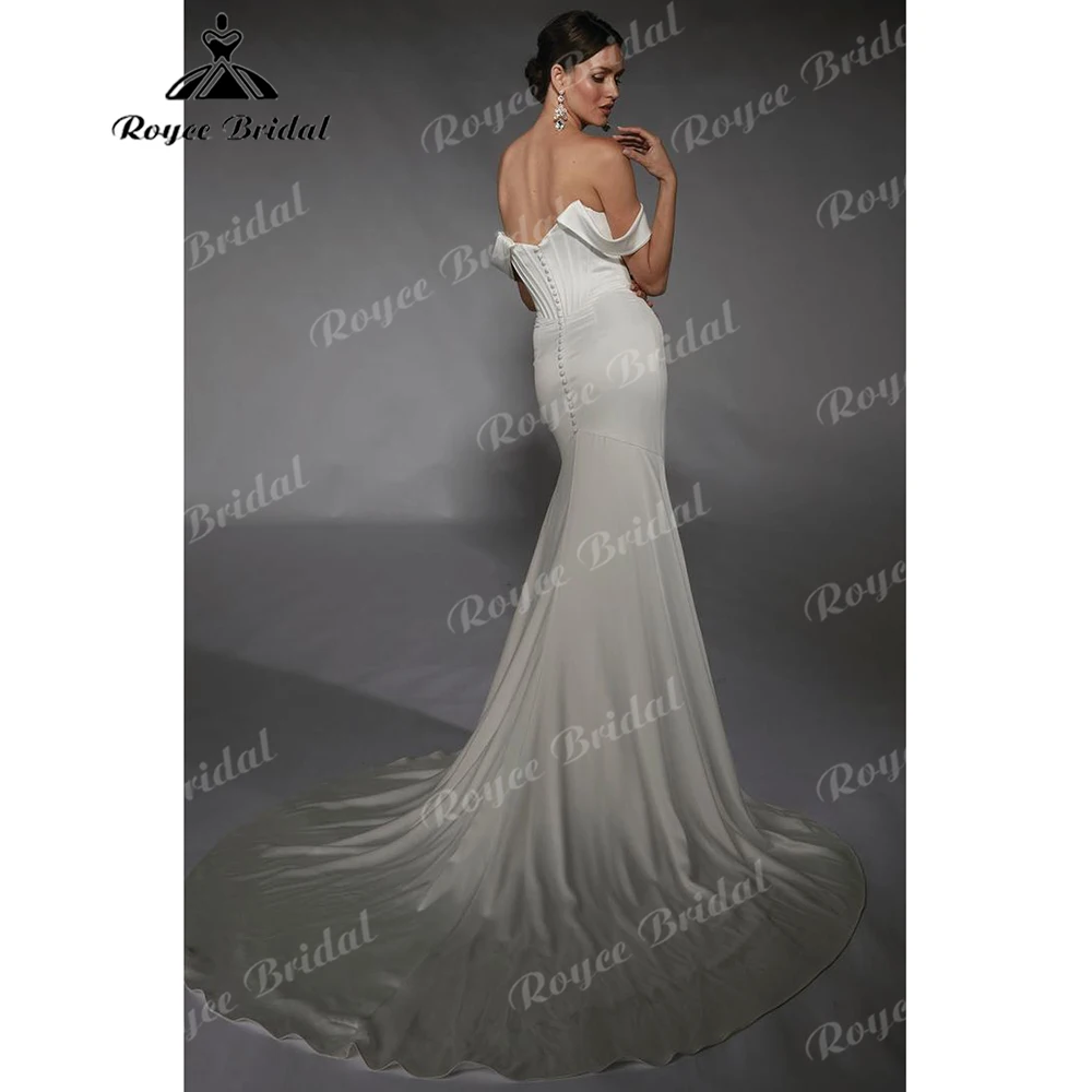 Detachable off-the-shoulder sleeves Mermaid Wedding Dress Corset Bodice Crepe Bridal Gown with Buttons Back  Customizable