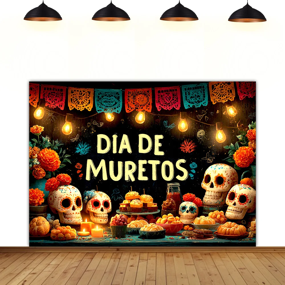

Day of the Dead theme background banner skull skeleton chrysanthemum black festival party decoration Photography photo backdrop