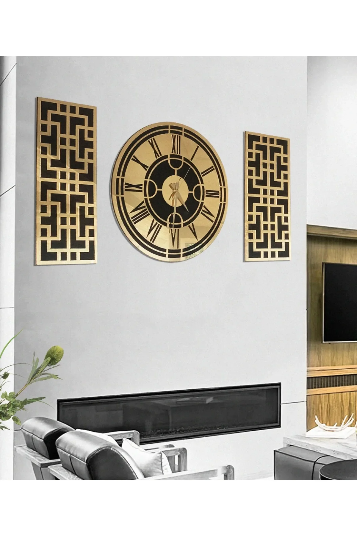 Modern & Stylish Design with Roman Numerals Plexi 3 Wall Clock Set with Gold Mirror On Mdf home decor special design gift