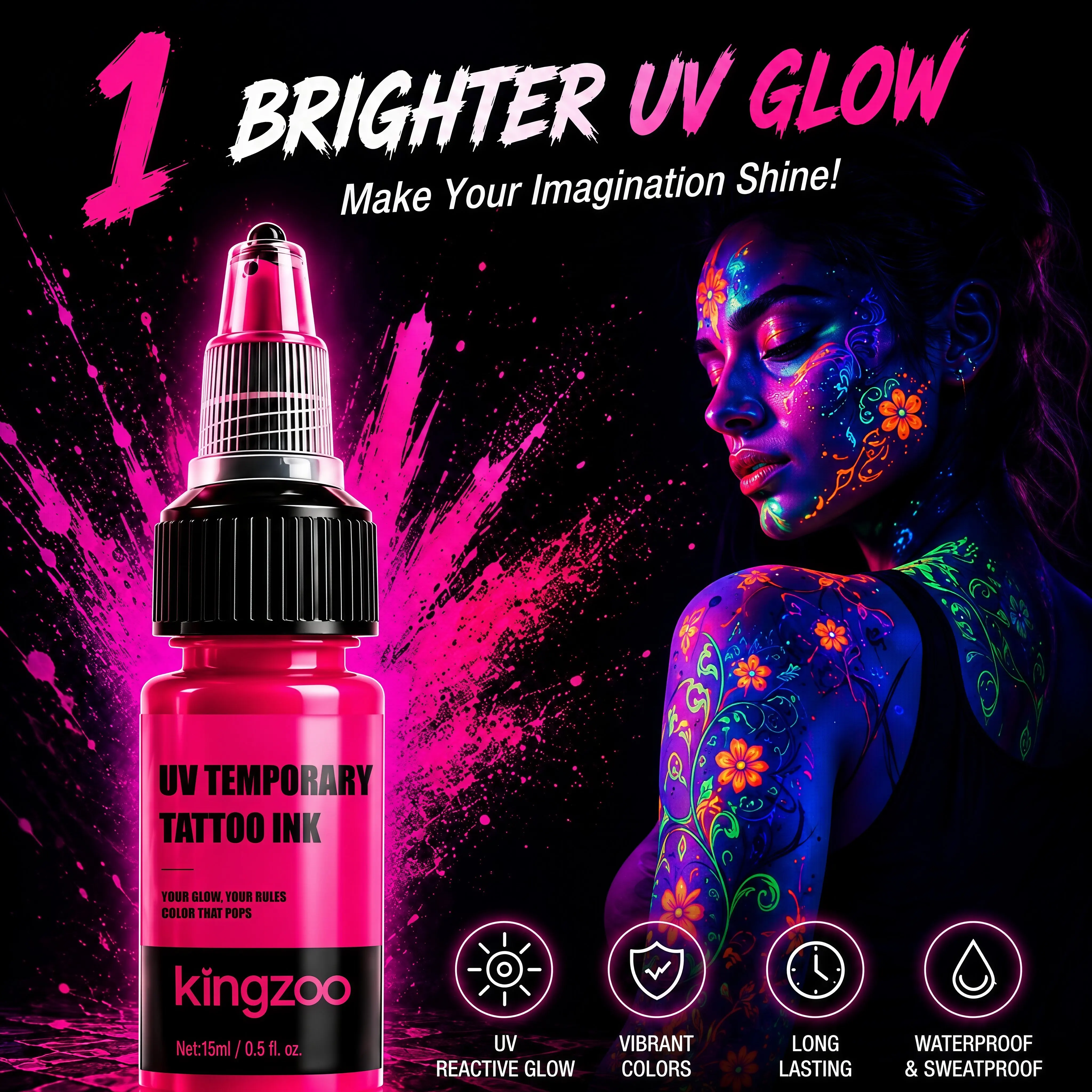 Fluorescent Tattoo Ink UV Reactive Airbrush Paint Neon Body Art Color Glow Under Blacklight for Festival Party Makeup