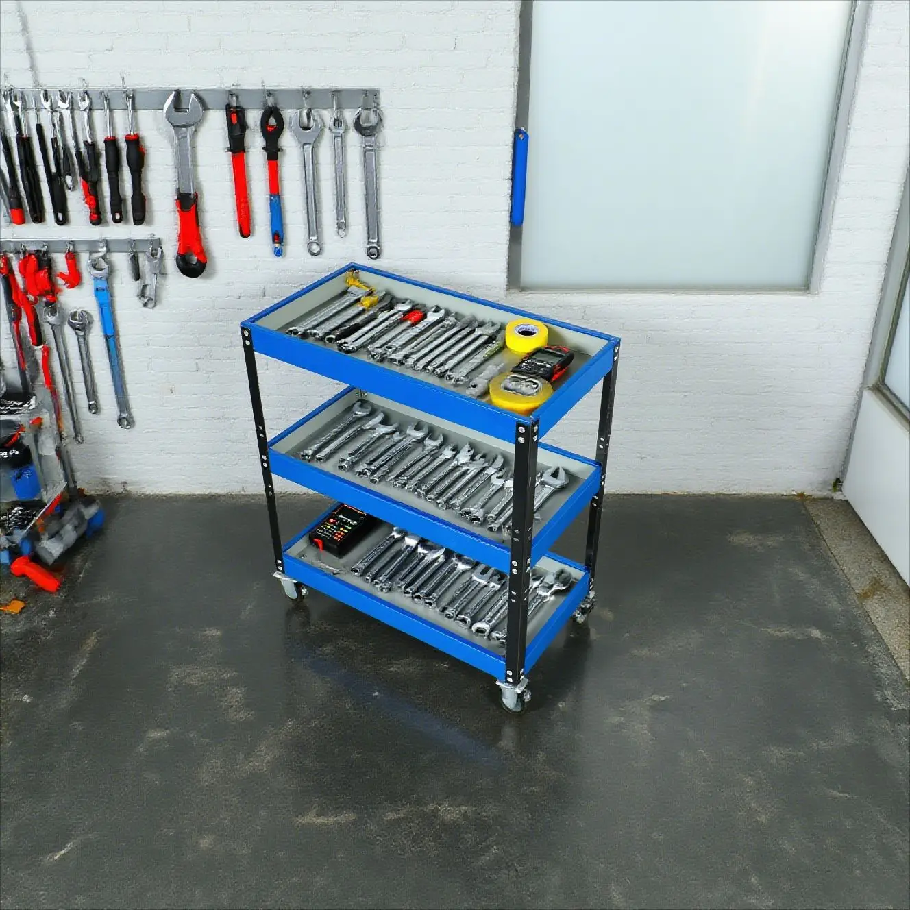 頑丈なスチール製サービスカート（車輪付き）-ガレージ、サロン、スタジオ機器用の3層オーガナイザー