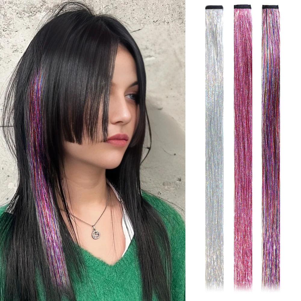 Synthetic Sparkling Tinsel Silver Clip In Hair Tinsel, Fairy Hair Tinsel Kit Glitter Colorful Clip On Tinsel Hair Extensions For