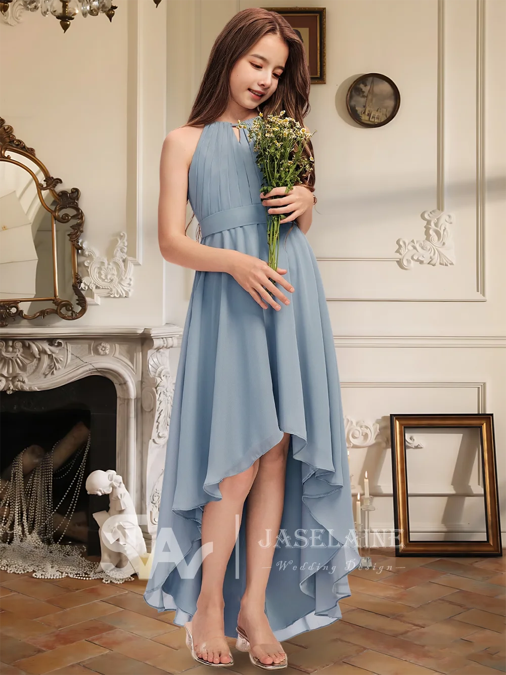 

QA Kids A-Line Halter Asymmetrical Chiffon Junior Bridesmaid Dress With Pleated Flower Girl Dress Girls Formal Wedding Party