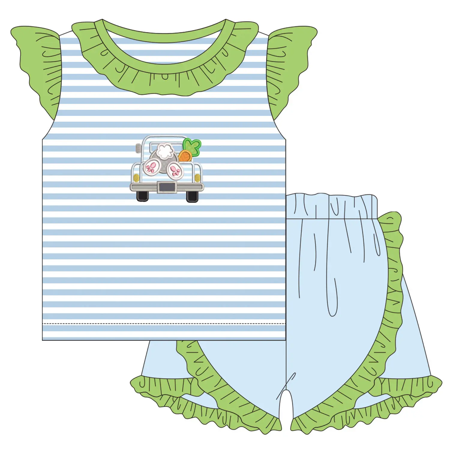 

Rabbit carrot and car blue striped print boy and girl Easter style short-sleeved green shorts boutique suit dress and Romper