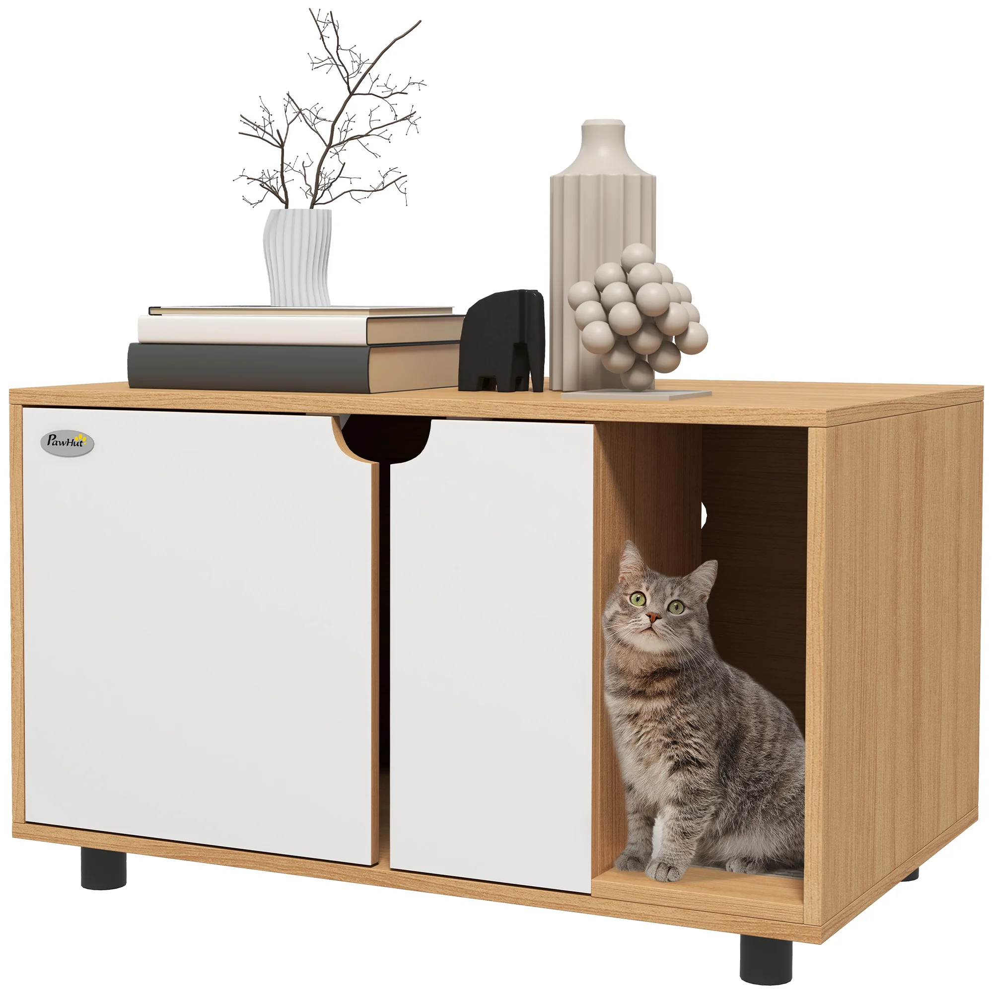 Meuble pour bac à litière pour chat, style scandinave, 2-en-1, meuble surélevé pour toilettes pour chat avec doubles portes, table d'appoint multifonction pour animaux de compagnie, pour salon intérieur.