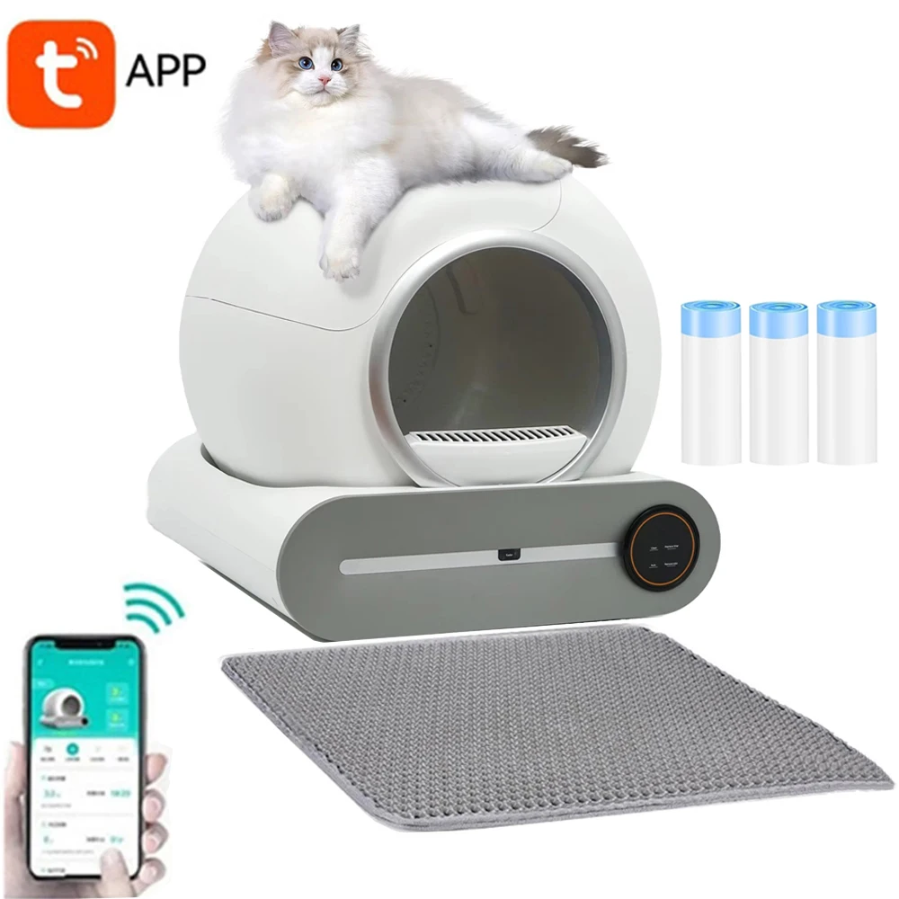 65L Intelligente selbstreinigende Katzentoilette, große Kapazität, automatische App-Steuerung, geschlossene Katzentoilette mit Katzenstreumatte, Müllsäcke