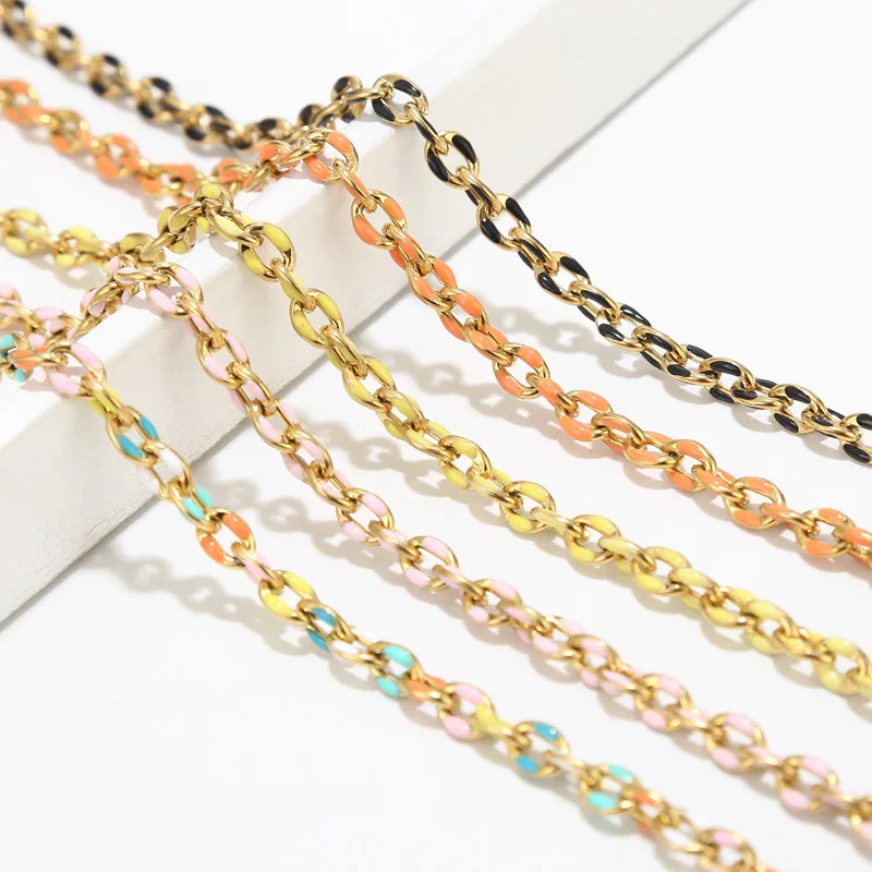 1 Meter Stainless Steel Gold Oval Satellite Enamel Rolo Chains 5.5mm Rainbow Necklace Lip Chain for Minimalist Jewlery Making