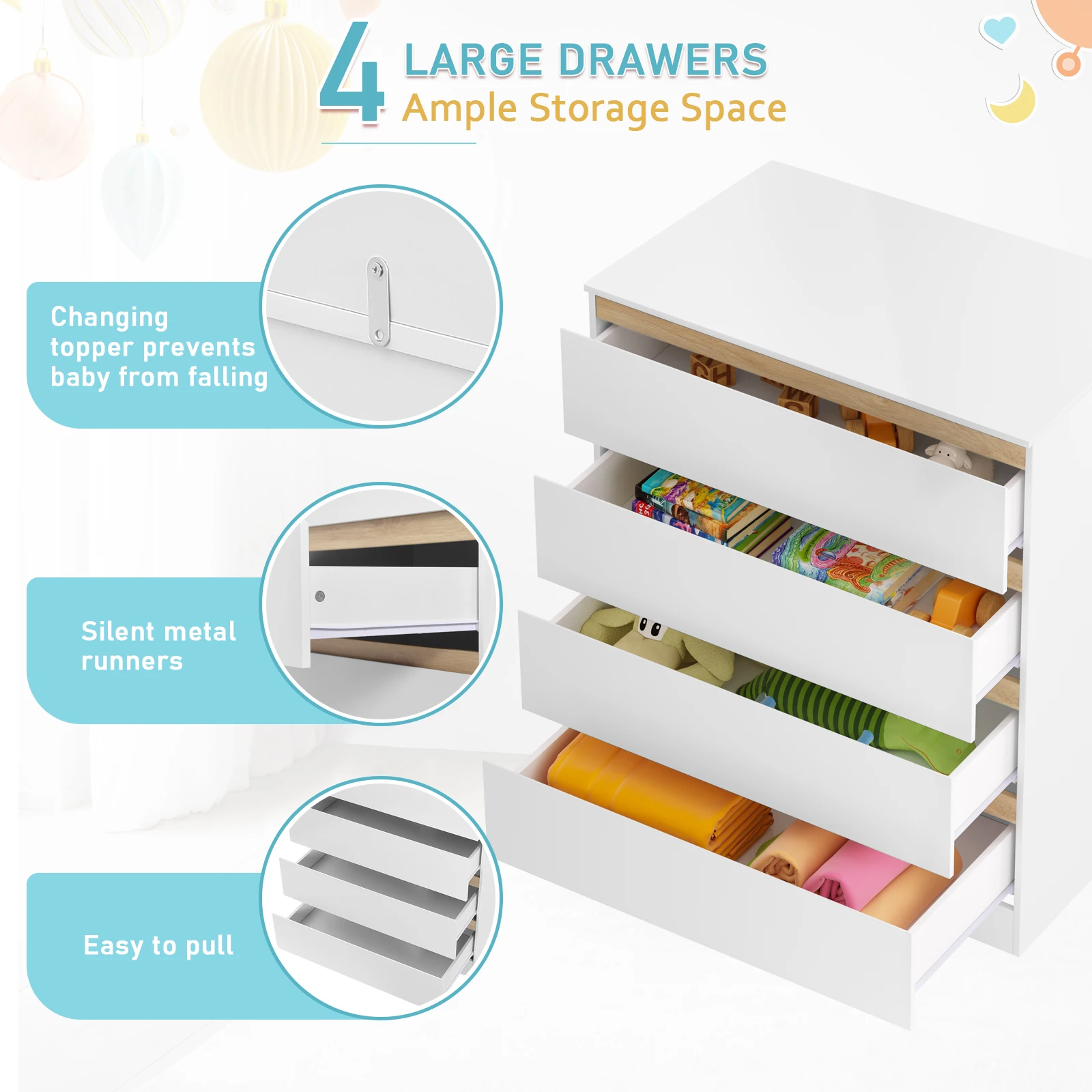 1 Juego de cambiador blanco con 4 cajones, 80x75x109,2 cm, cómoda, unidad de almacenamiento para bebé para habitación de niños