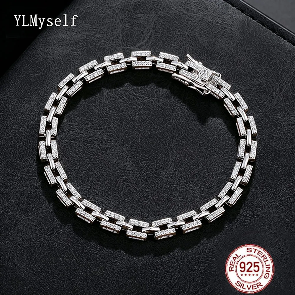 YLMyself 925 Sterling Silver Bracelet Moissanite Zircon Link Chain 15-21cm Fine Jewelry Gift