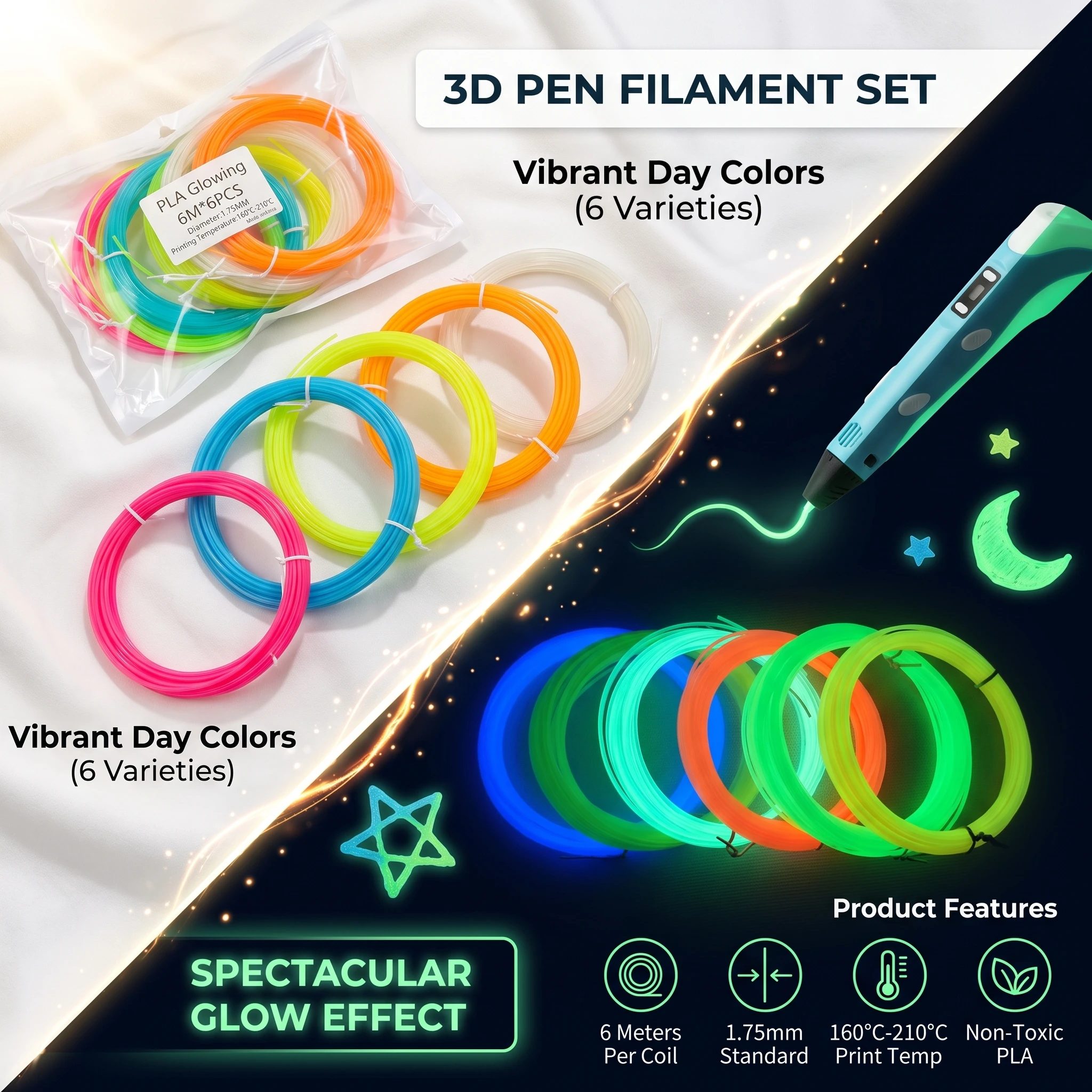 Eco-Friendly Glow-in-the-Dark PLA Filament 1.75mm for 3D Printers And 3D Pens - Reusable 3D Pen Filament Refill