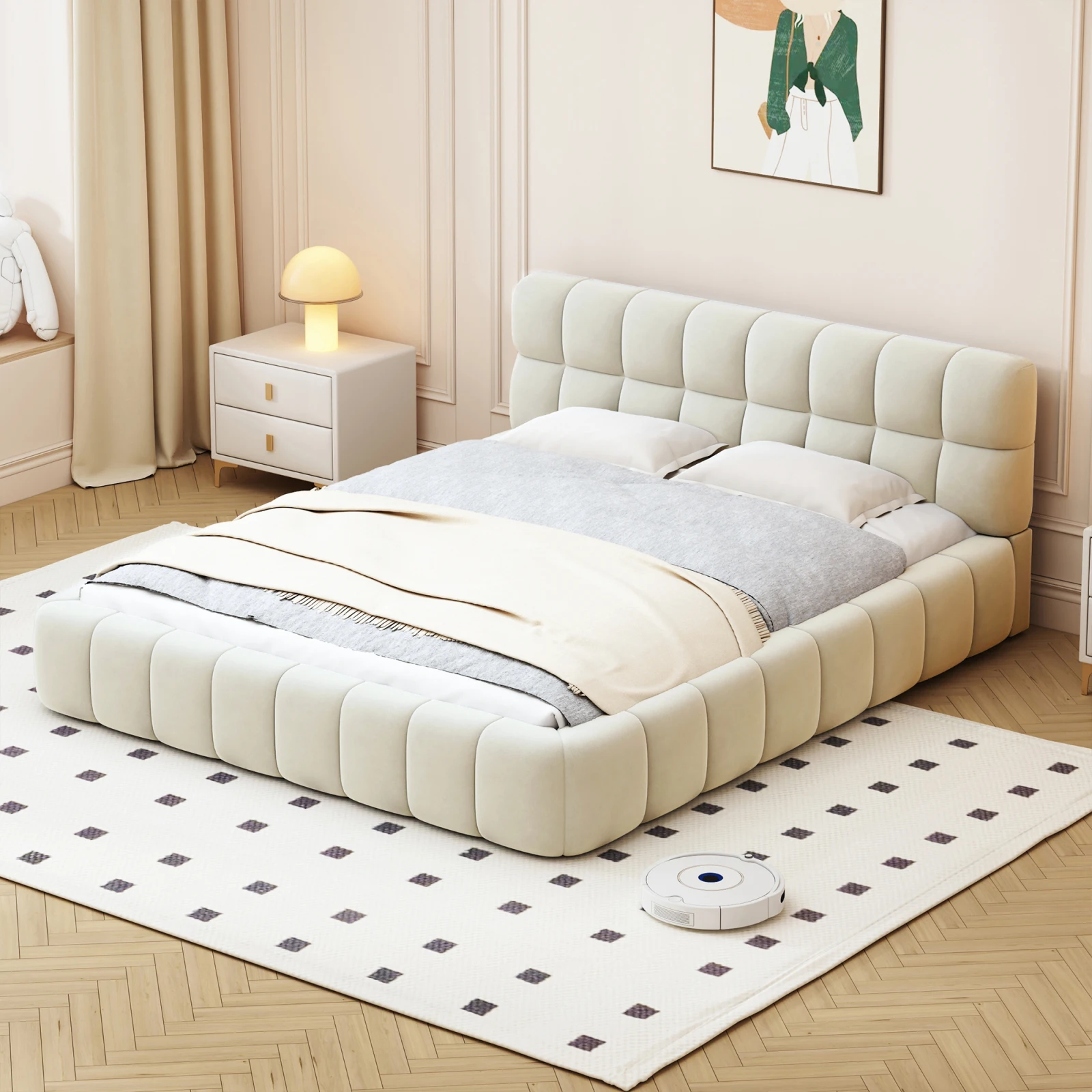 Lit 140x190 cm avec sommier à lattes, lit double avec dossier moelleux, lit en dentelle, lin, beige, sans matelas