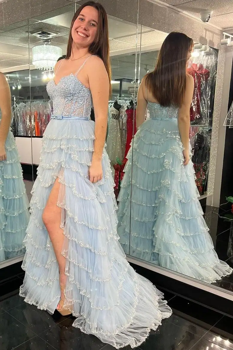 

Elegant Spaghetti Strap Bow Belt Prom Dresses with Ruffle Tulle Skirt Slit Wedding Dresses Tiered Lace Corset Cocktail Dresses