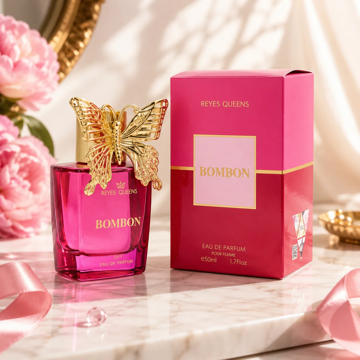 Reyes Queens - Bombon Eau De Parfum 50ml. Vrouwelijke geur met zoete, vanille- en bloemige noten van een intens en omhullend aroma.