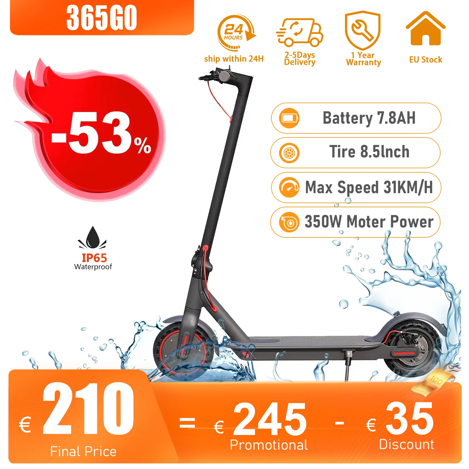 365GO Electric Scooter 350W Motor 31KM/H Max Speed 8.5Inch Off Road 7.8AH Foldable Adults Smart Electric Skateboard with APP