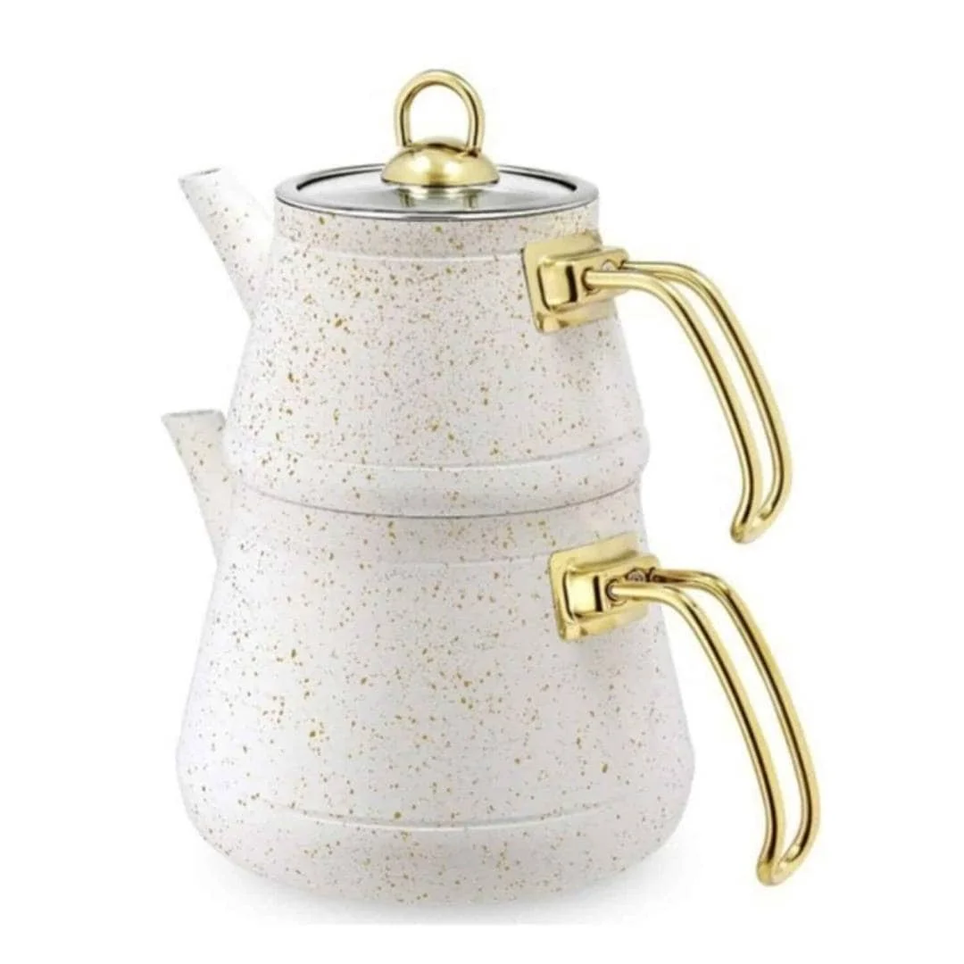 Turkish Tea Bio Granite White Dusty Metal Handle Granite Teapot- Metal Gold Color Handled Glass Lid Granite Teapot