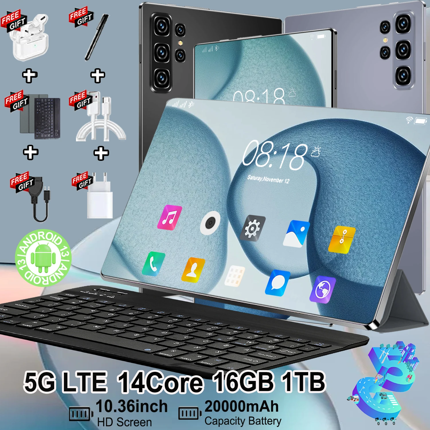 Tablet portátil Versión Global 2026 tamaño 10.36 pulgadas Sistema Android 13 Procesador de 14 núcleos Batería de alta velocidad y larga duración 20000mAh Conexión de red 5G estable WiFi Cámara de alta definición Ideal para clases en línea, trabajo, viajes y visualización