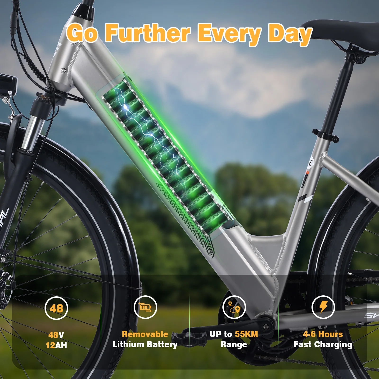 Bicicleta eléctrica para adultos SPATIAL SWIFT, batería de 48 V y 12 Ah, neumáticos de 29 pulgadas, bicicleta eléctrica urbana con cuadro bajo para facilitar el montaje, horquilla con suspensión, par de torsión de 40 Nm.