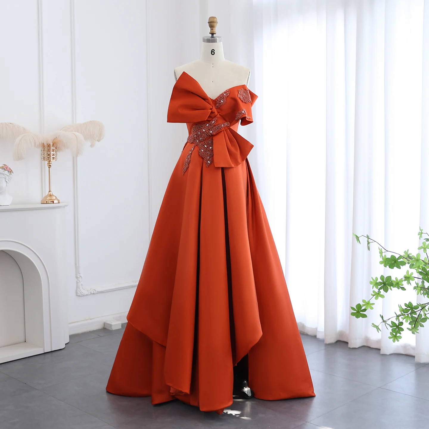 Sharon Said Luxury Orange Satin Dubai Evening Dress Off Shoulder Short Front Long Back for Wedding Party Gowns SS338 Customized