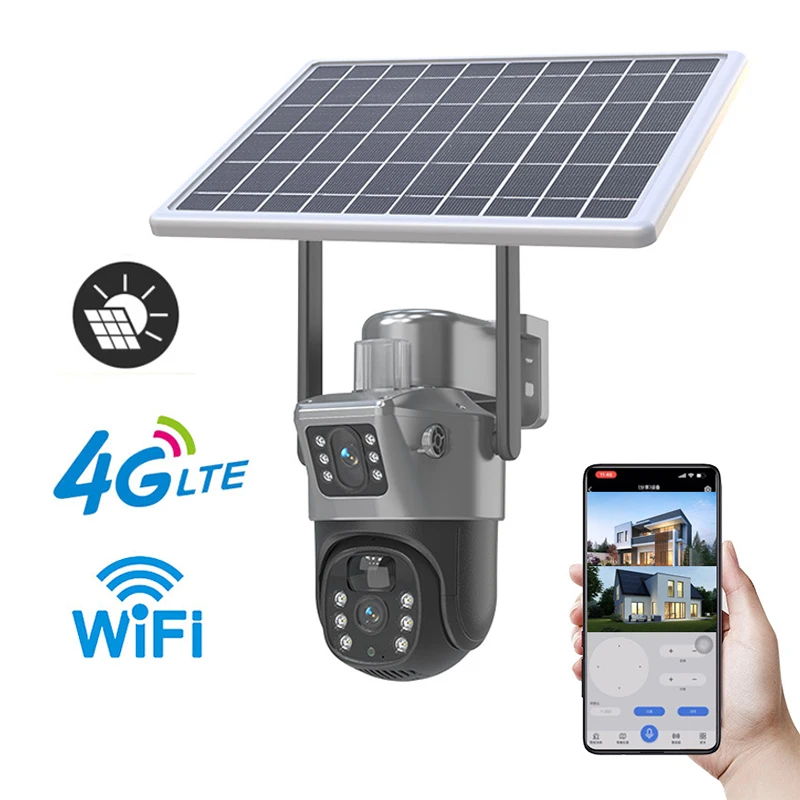 4MP WIFI Wireless PTZ Solar Camera Dual Lens Dual Screen Outdoor 4G IP Camera Solar Panel Audio PIR Security Surveillance Camera