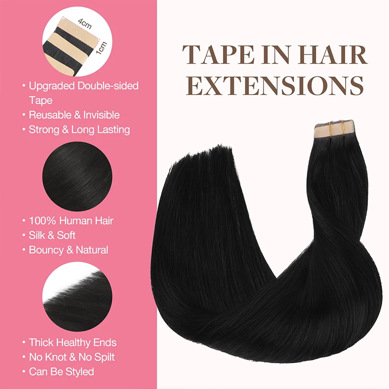 Tape In Hair Extensions Menselijk Haar # 1b Zwart 50G Per Pak Dikke Uiteinden Rechte Naadloze Tape In Onzichtbare Tape In Hair Extensions