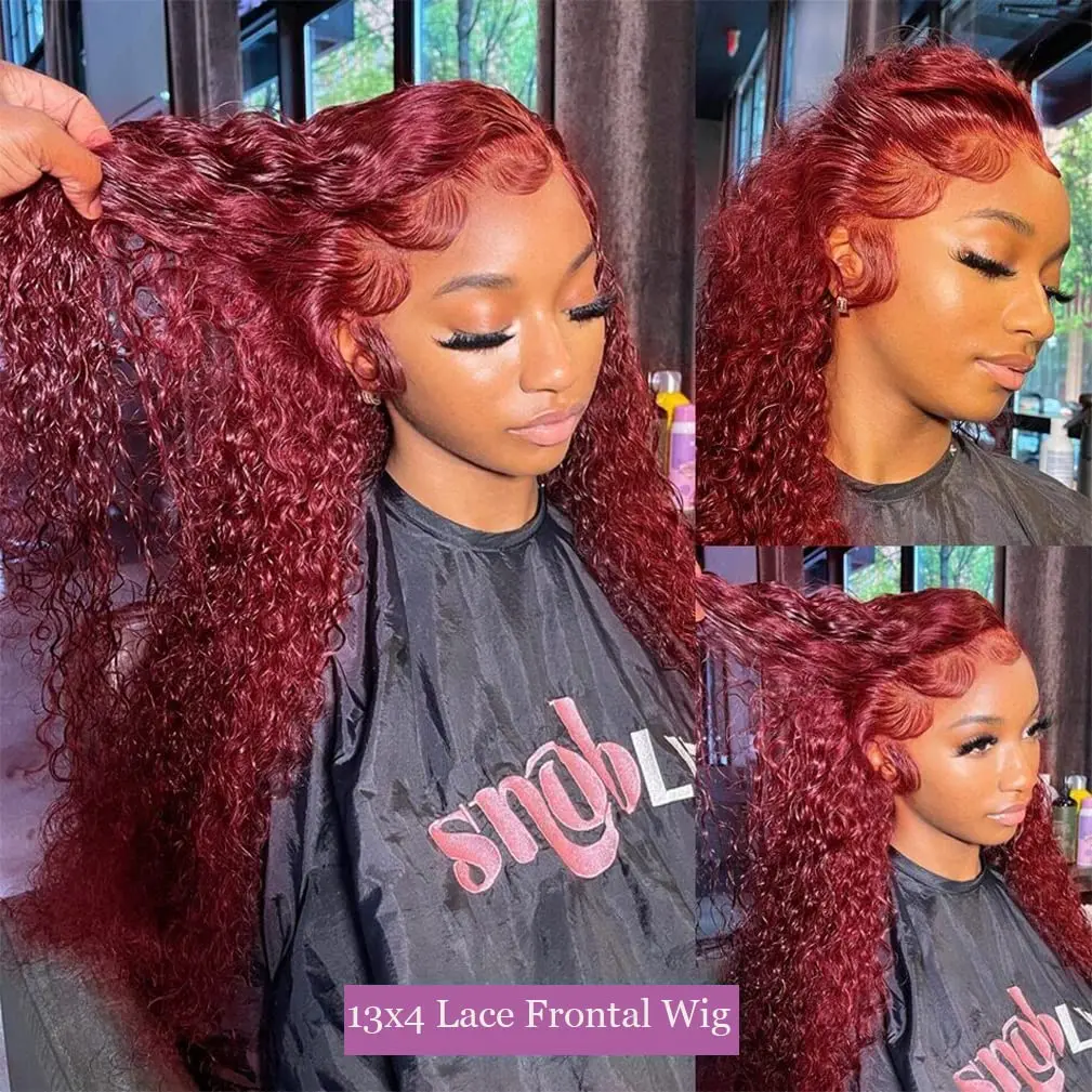 Onda Profunda Lace Frontal Peruca, Colorido Curly Perucas, Borgonha Vermelho Cabelo Humano, 13x4, 99j, 13x6, 30"