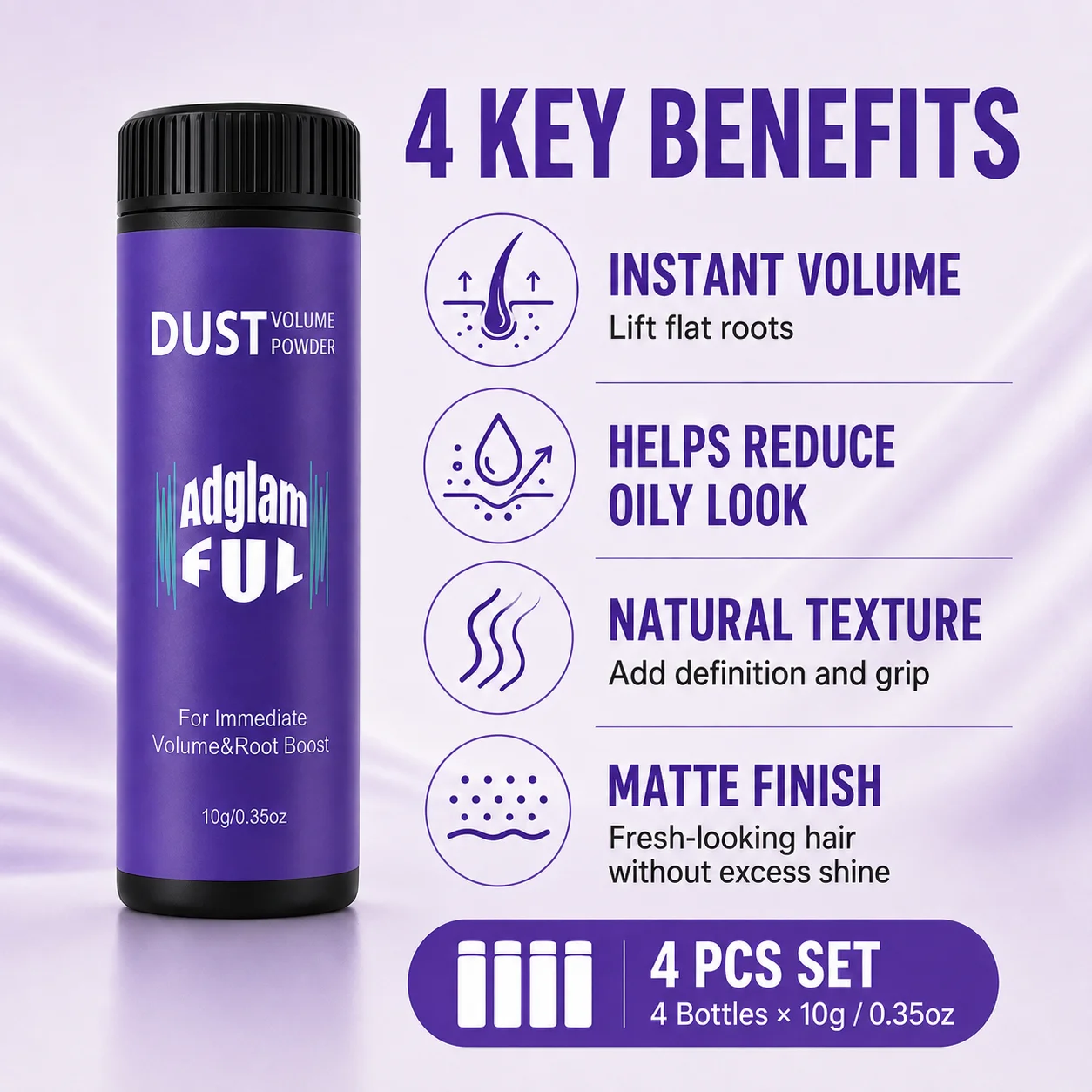 Adglamful 4 Pack Hair Styling Powder 10g Each, Volumizing Root Lift Texture Powder, Matte Finish Oil Control Hair Powder for Men