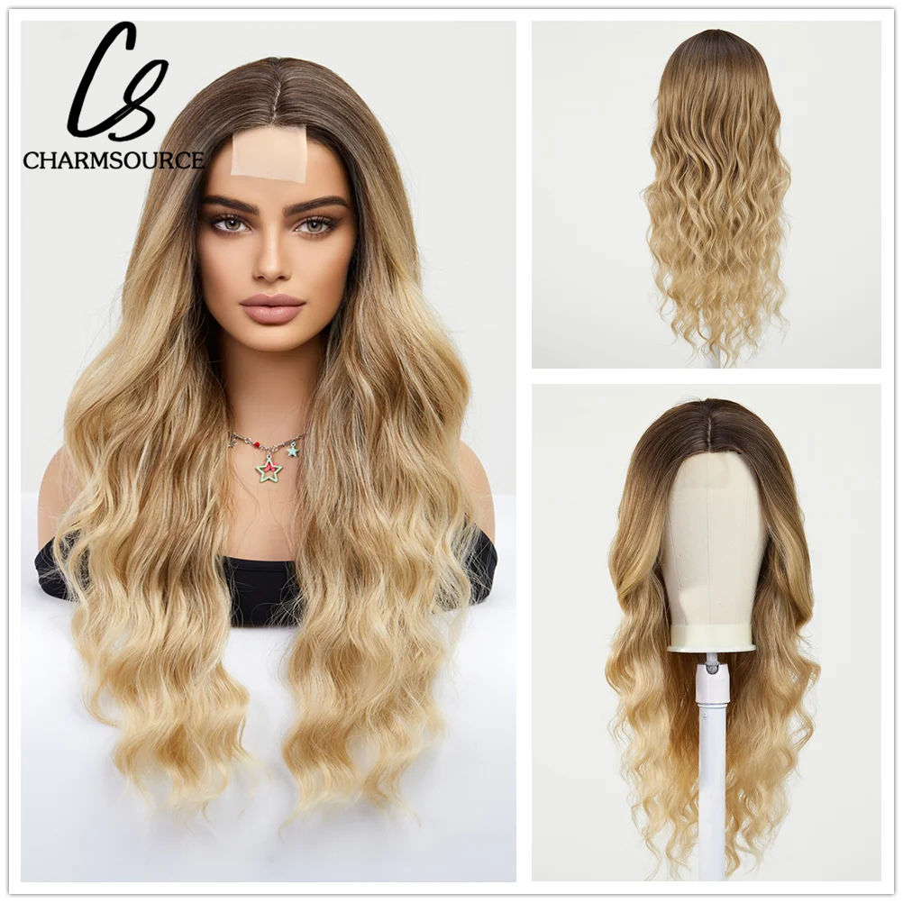 

CharmSource Hairline Lace Wigs Ombre Brown Blonde Synthetic Long Wavy Wigs for Women Cosplay High Density Hair Wig