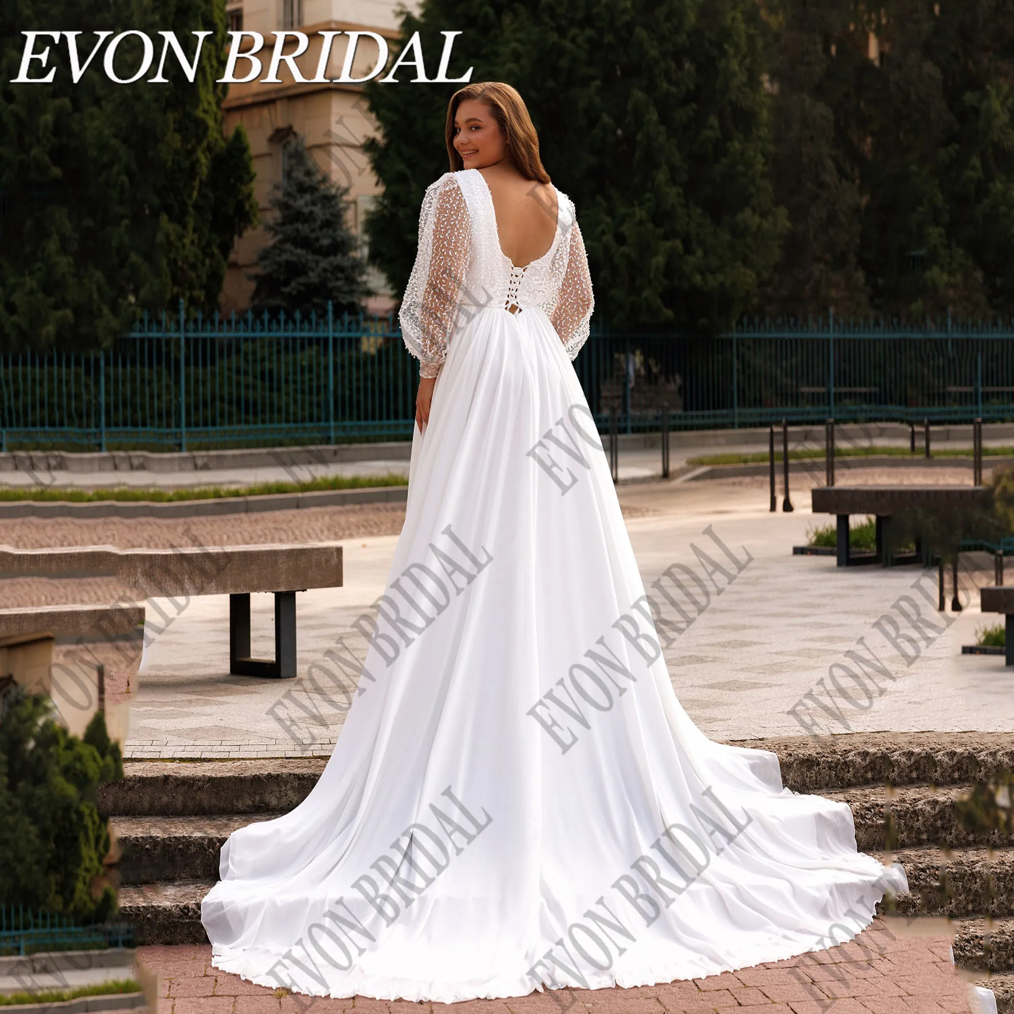 Evon Braut plus Größe Pailletten Brautkleid Puff ärmel rücken frei Chiffon Boho Braut Kleider A-Linie Vestidos de Novia angepasstEVON BRIDAL Plus Größe Pailletten Brautkleid Puff Ärmel Rückenlos Chiffon Boho Brautkleid