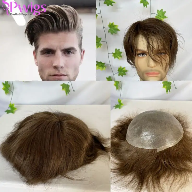 

Pwigs Toupee for Man Super Thin Skin PU Men's Hair European Virgin Human 6# Brown Color Hair Replacement 10x8inch Hair System