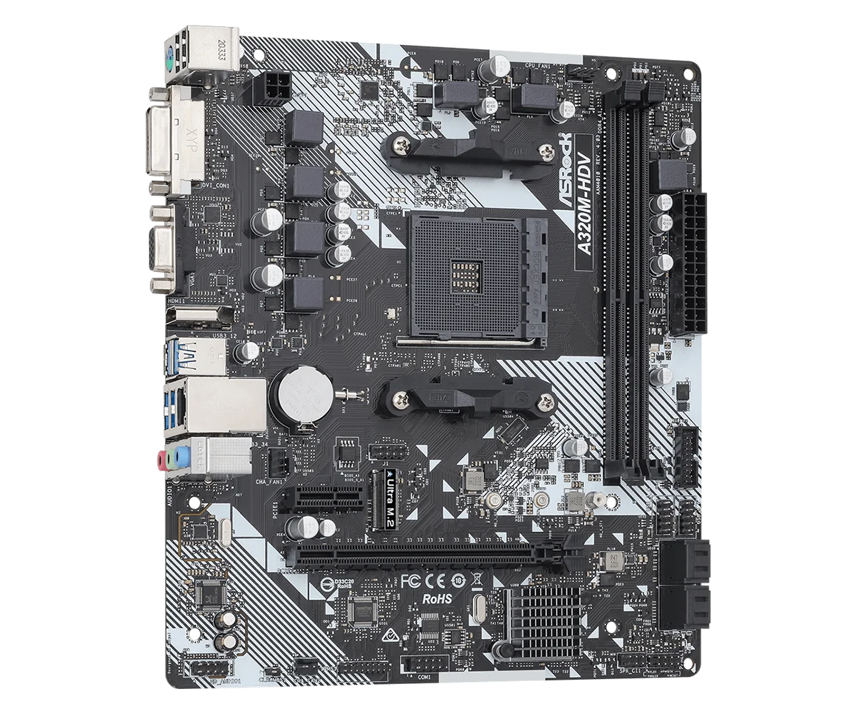 ASROCK A320 마더보드, A320M HDV R4.0 소켓, AM4 DDR4 32GB M.2 PCI-E 3.0 지원, R3 R5 R7 R9 AMD CPU, USB3.1 VGA 마이크로 ATX